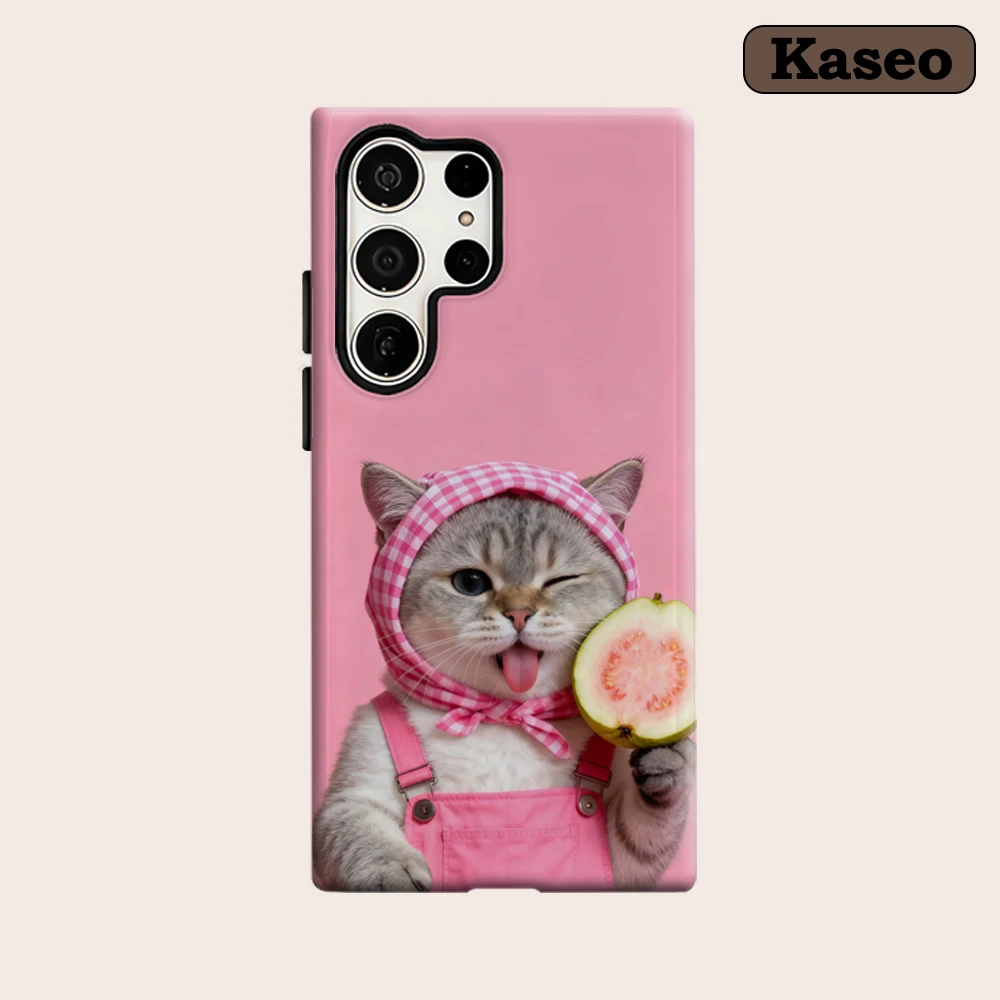 Kaseo Phone Case for Samsung Galaxy S26 S25 Ultra S24 S23 Ultra Plus Shockproof Double Layer Pink Gingham Cat Guava Charm Cover