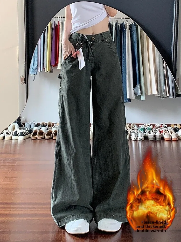 

plus Size High Waist Fleece Lined Workwear Denim Jeans Women Autumn Winter Pear Shaped Body Slim Straight Wide Leg Trousers