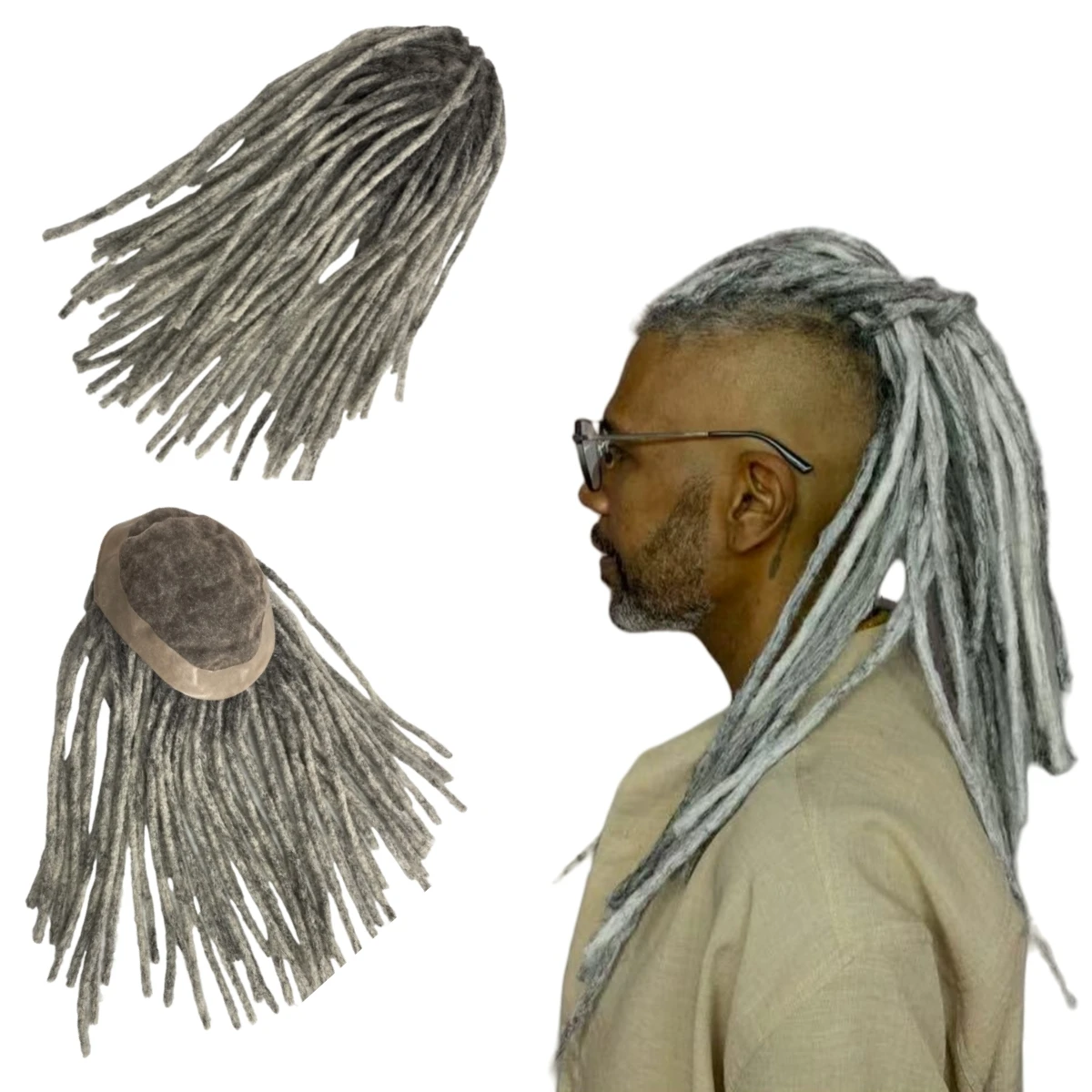 

16-дюймовые индийские девственные человеческие волосы, замена 7x9, серые дреды, монопарик для чернокожих мужчин