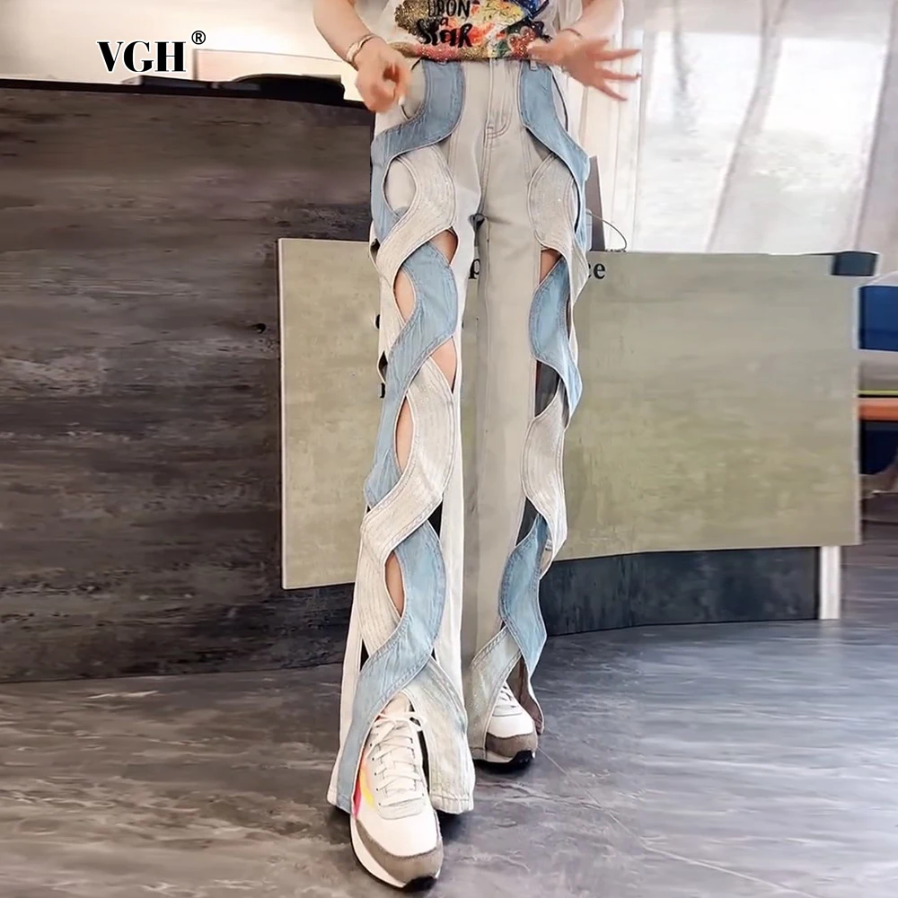 VGH Hollow Out Crisscross Design Sense Jeans For Women High Waist Hit Color Spliced Pockets Casual Loose Wide Leg Pants Female