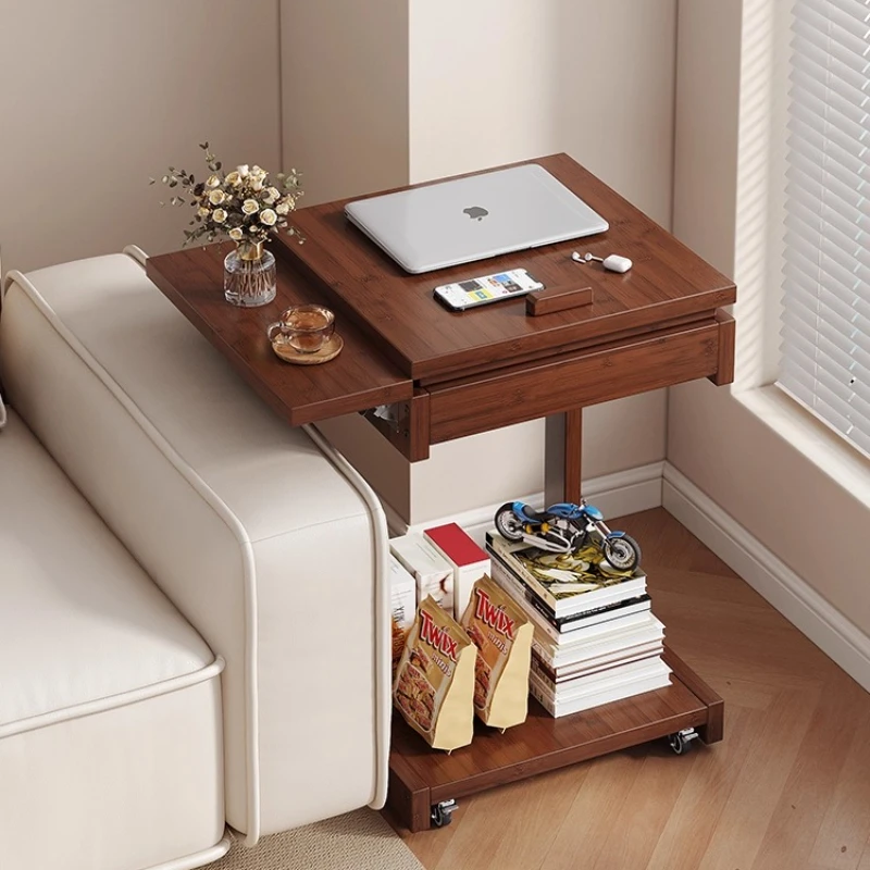 Adjustable Mobile Side Table Sofa Arm Console with Wheels Creative Multi-Tier Organizer Versatile Storage Shelf with Partitions