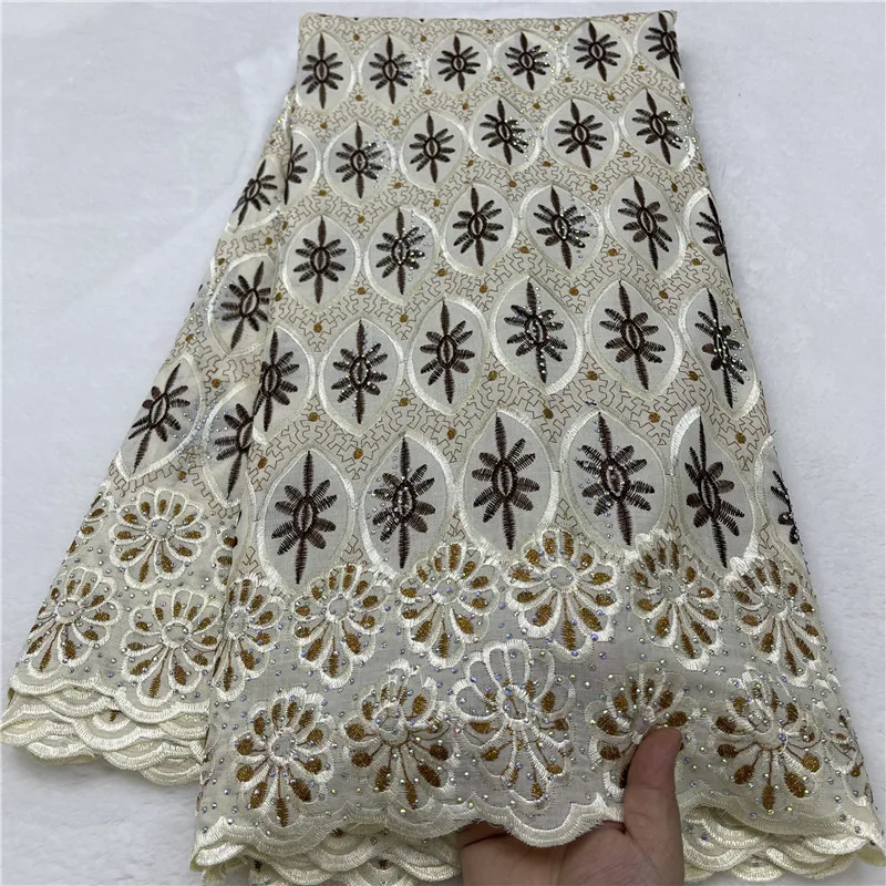 

5-ярдовая тяжелая вышивка бисером, африканская 100% хлопчатобумажная ткань премиум-класса, высокое качество, швейцарская вуаль, кружево, популярный стиль Дубая 12L29502