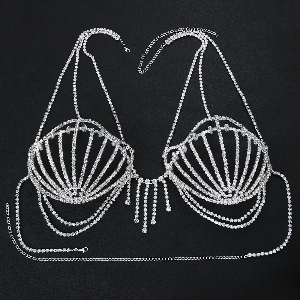 Hollow Shell Shape Bikinis Rhinestone Bra Chain Chest Accessories Nightclub Clothing Festival Crystal Body Jewelry Top for Women