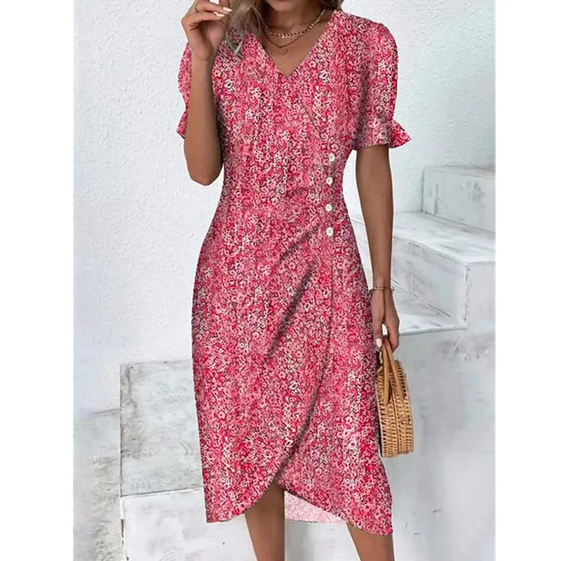 Ruched Button Irregular Elegant Party Dresses for Women Summer Fashion Floral Print V Neck Short Sleeve Slim Midi Dress Vestidos