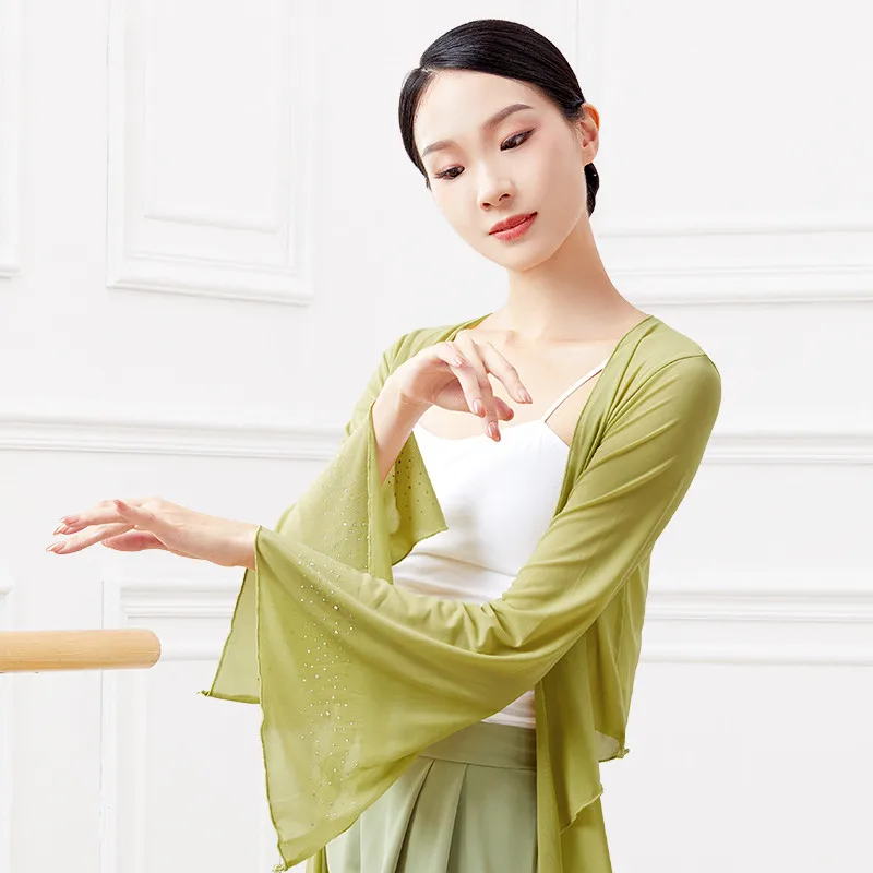 Classical Dance Costume Women Ballet Clothes Solid Tops Yoga Sport Bandage Costume Chinese Folk Dances Diamond Flared Sleeve