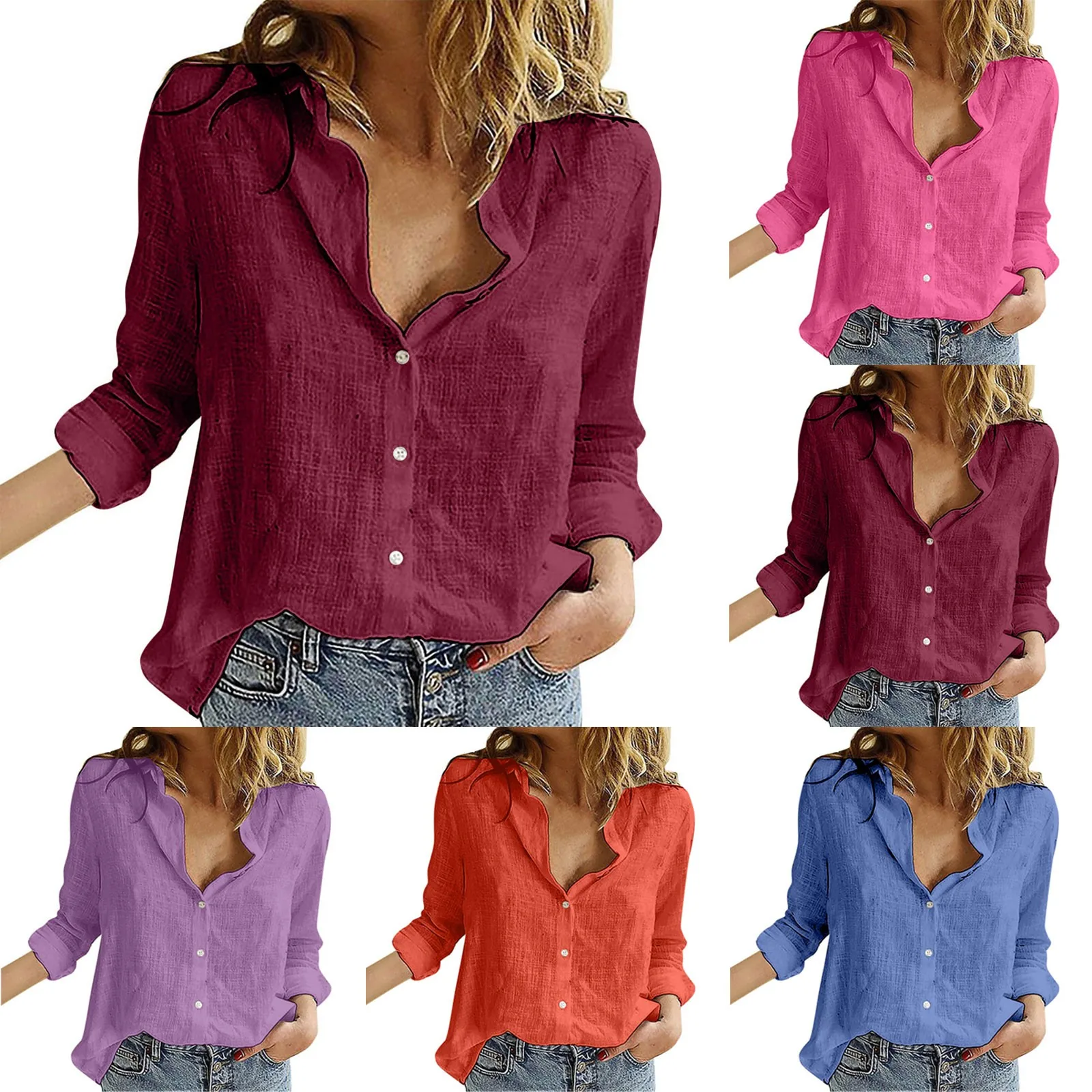 

Summer Solid Linen Shirts Casual Long Sleeve V Neck Blouse Shirt Button Down Office Lady Work Loose Shirts For Women Elegant