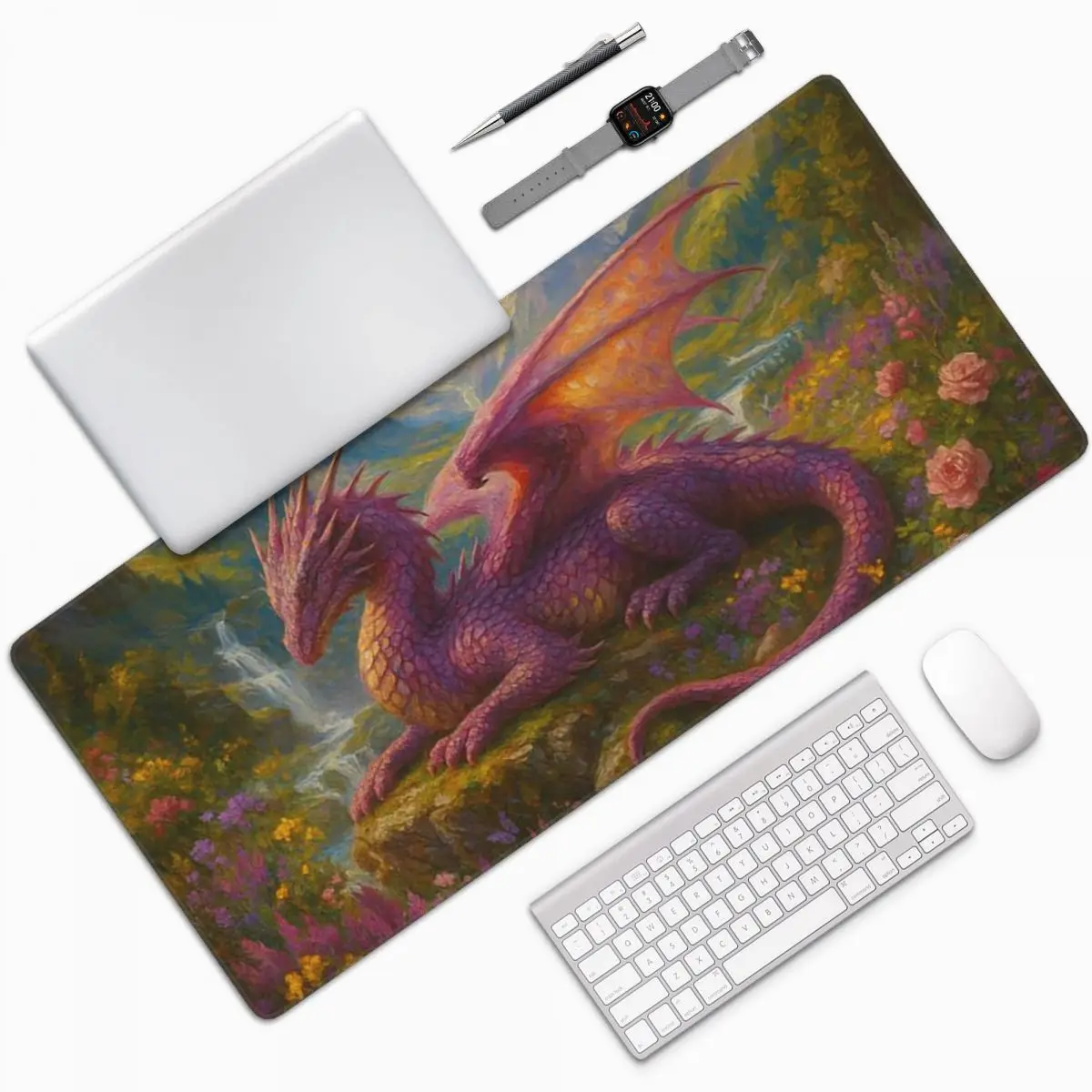 Mysterious Dragon Asian And Purple Flower Large Mouse Pad Computer Keyboard Mouse Mat Gaming Laptop Desk Mat Office Table Mats