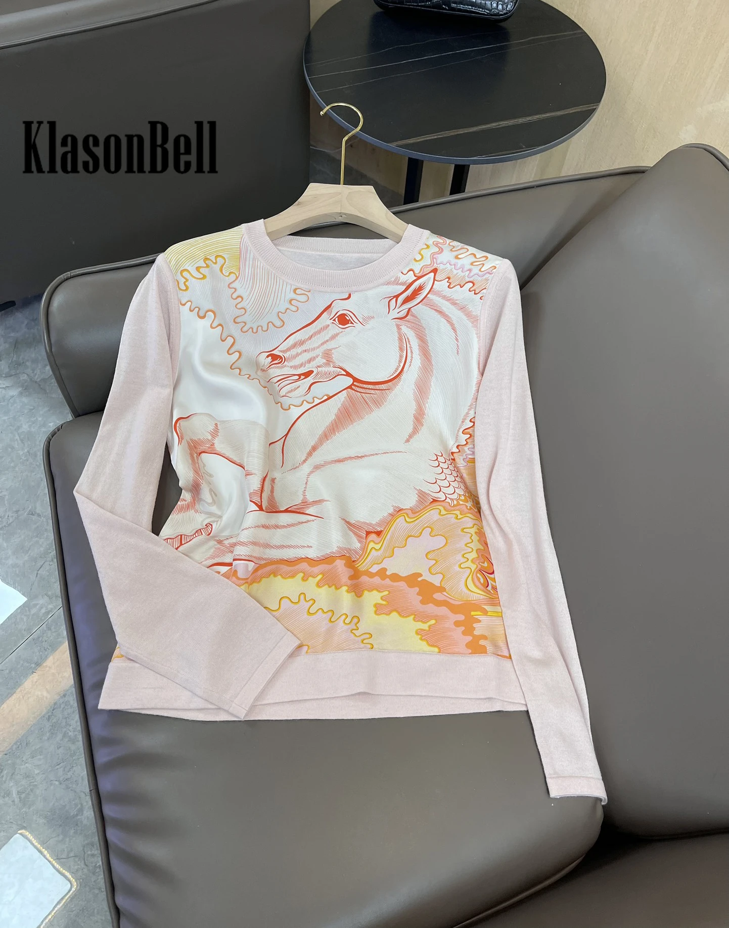 9.25 KlasonBell Temperament Silk Cartoon Print Pattern Wool Spliced Knitted Pullover Top Women