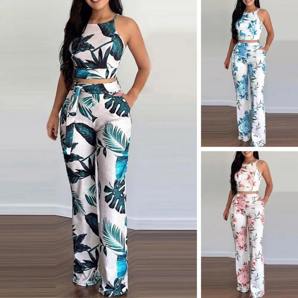 

1 Set Excellent Women Trouser High Waist Fade-Resistant Fine Texture Summer Two Piece Set Women Wide-leg Pants