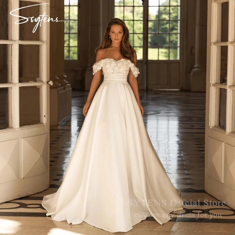 

SSYTENS Vintage Off The Shoulder Wedding Dresses Off Shoulder Appliques Bride Gowns Satin Backless Bridal Gown Women Customized