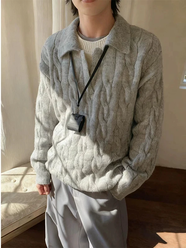 

Loose Fit V-Ne Knitted Sweater Men's Autumn Winter Lazy Sle Inner irt Trendy Twist Design Fake Two-Piece Top