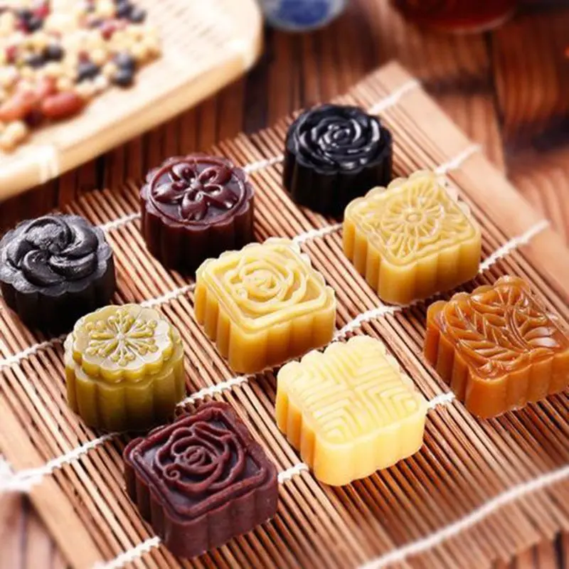 6pcs 3D Flowers Stamps Moon Cake Decor Mould Barrel Round Mooncake Mold 25g/50g/63g/75g/150g/250g Pastry Mooncakes Hand Tool