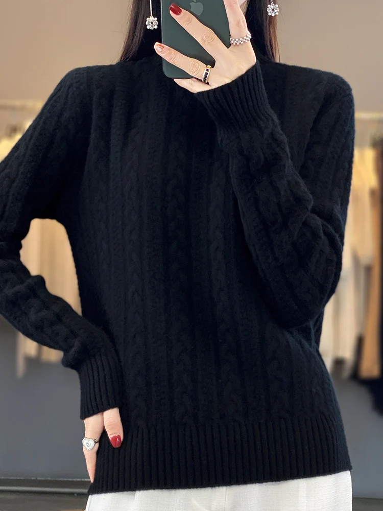 100% Wool Knitted Pullover Women\'s Semi-Turtleneck Long-sleeve Sweater Fashion Jacquard Warm Tops Thick Female Jacket Autumn New