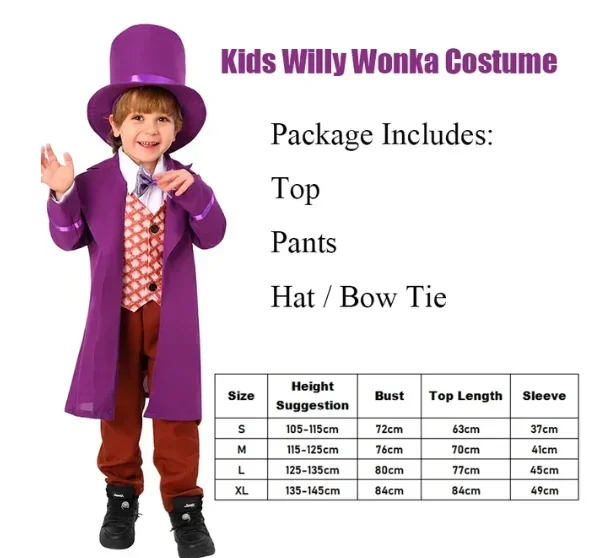 Costume de Cosplay de Willy Charlie, Chocolat, Usine Oompa, Déguisement, Combinaison pour Enfants, Haut, Pantalon, Tenues