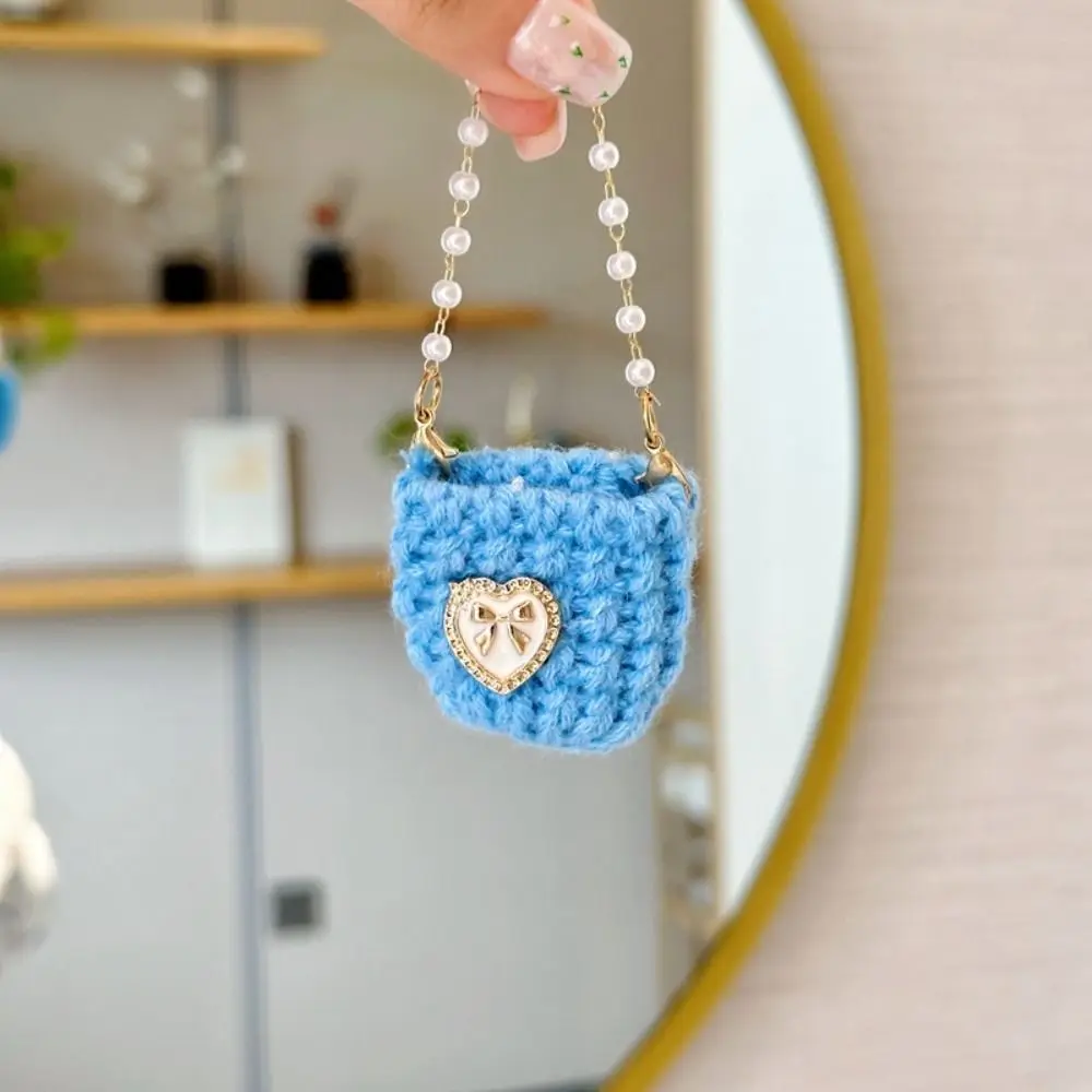 Miniature Pearl Chain Crossbody Bag Woven Crochet Braid Doll Knitted Shoulder Bag Sweet Handbag Mini Crossbody Doll Bag