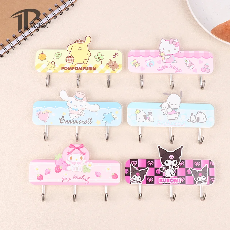 

Милые аниме крючки Hello Kitty Cinnamoroll Kuromi PompomPurin, Мультяшные акриловые крючки без следов, домашние крючки для ванной комнаты