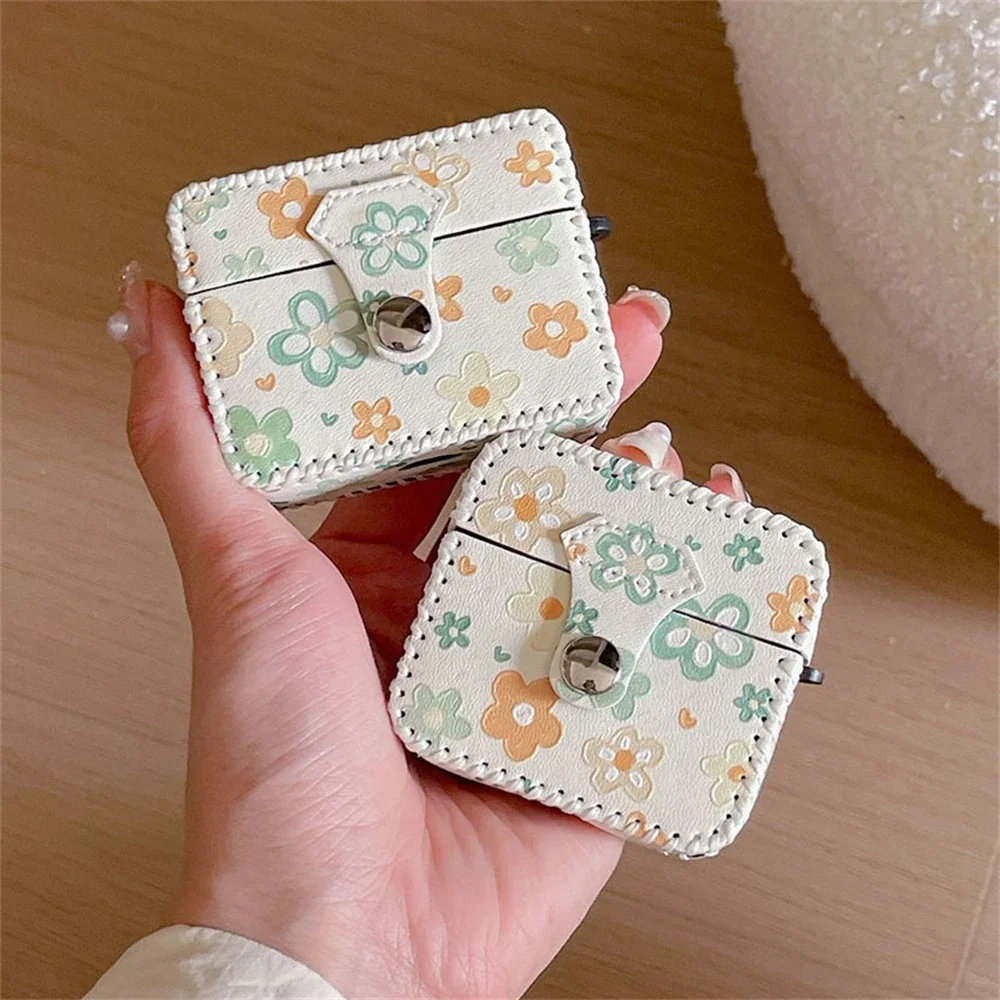 1pc Luxury Broken Flowers Yellow Earphone Case For Airpods Pro2 Clamshell Button Soft Leather Protective Cover For Airpods 1 2 3