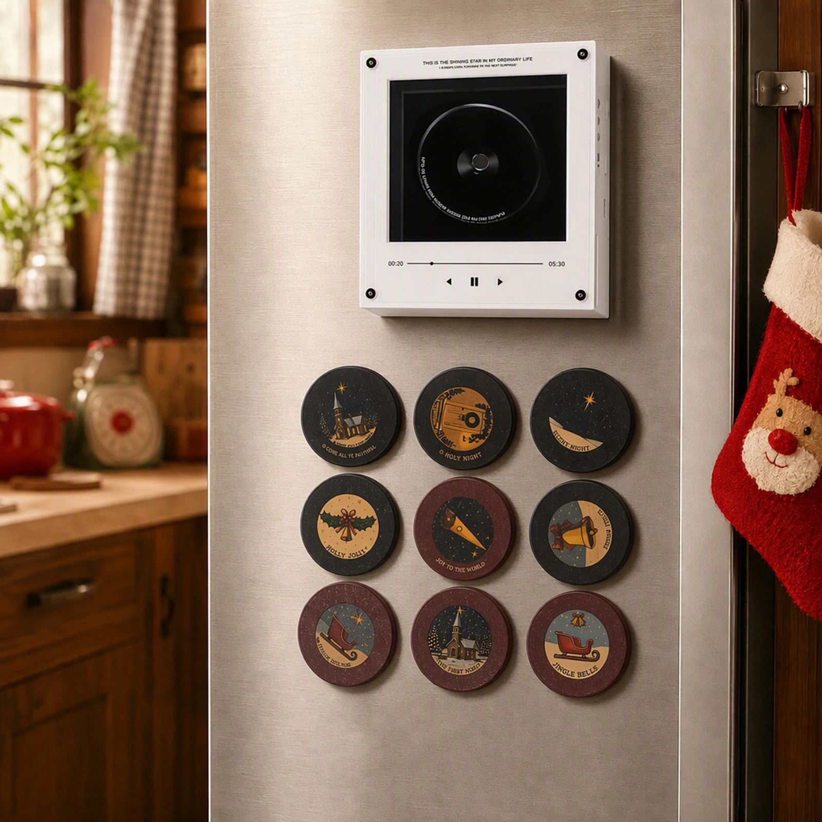 Acrylic NFC Christmas Vinyl Player Fridge Record with 9 Programmable Playback Magnetic Mini Vinyl Record Player Fridge Magnet