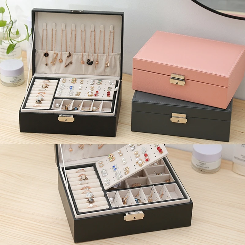 Protable Travel PU Double Layers Jewelry Box Display Earrings Rings Necklaces Storage Holder Women Girls Gifts HXBA