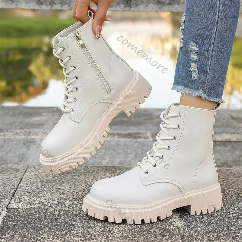 Comemore Shoes for Woman Bottom Lace-up Leather Ankle Boots Autumn Fashion Women Shoes Lace Up Leather Heeled Bottines Femmes