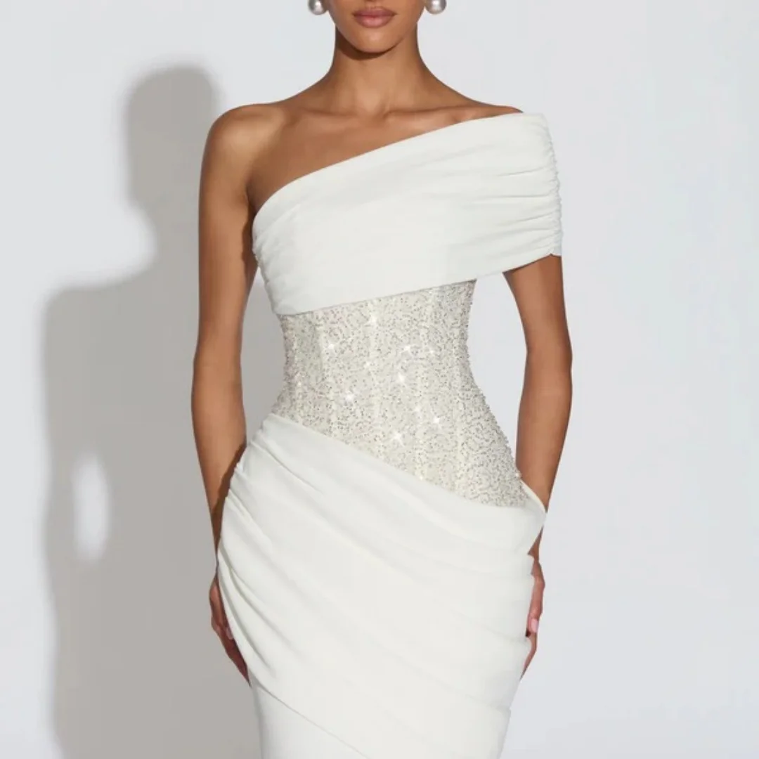Bella Customized White One Shoulder Sequin Waist robes de soirée Mermaid Train Gown Elegant Party Dresses Stylish Prom Dress image 5