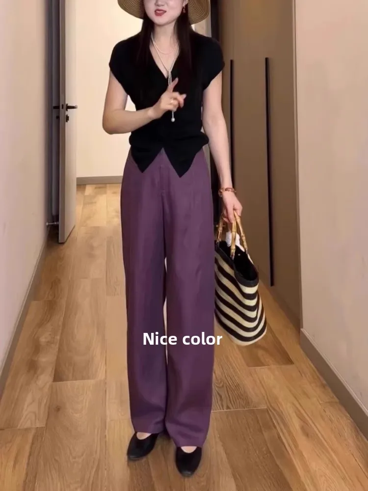 ハイウエストドレープリネンテンセル女性の夏薄いワイドレッグパンツカジュアルスーツパンツ快適な通気性のあるハイウエストパンツ