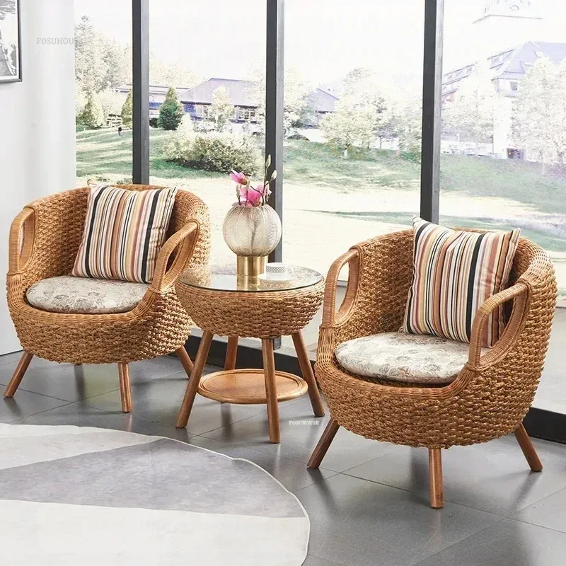 مجموعة أثاث الحدائق، كراسي مسند ظهر من الخيزران الطبيعي للشرفة، مجموعة كراسي طاولة صغيرة، أثاث خارجي للفناء المنزلي