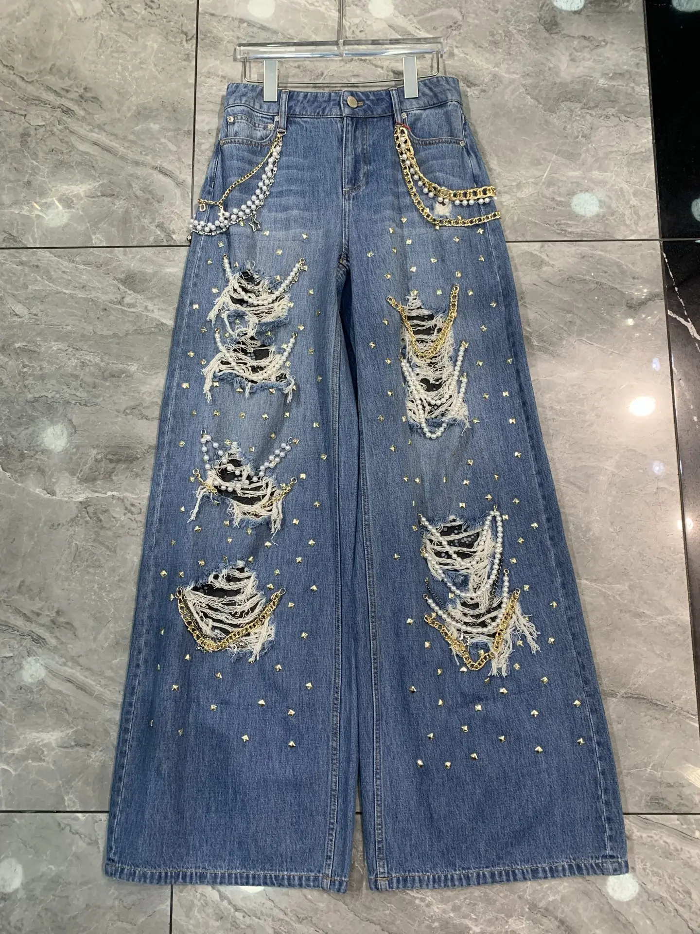 Women's Chain Rivet Decoration Wide Leg Jeans Hollow Out High Waist Straight Loose Denim Long Pants