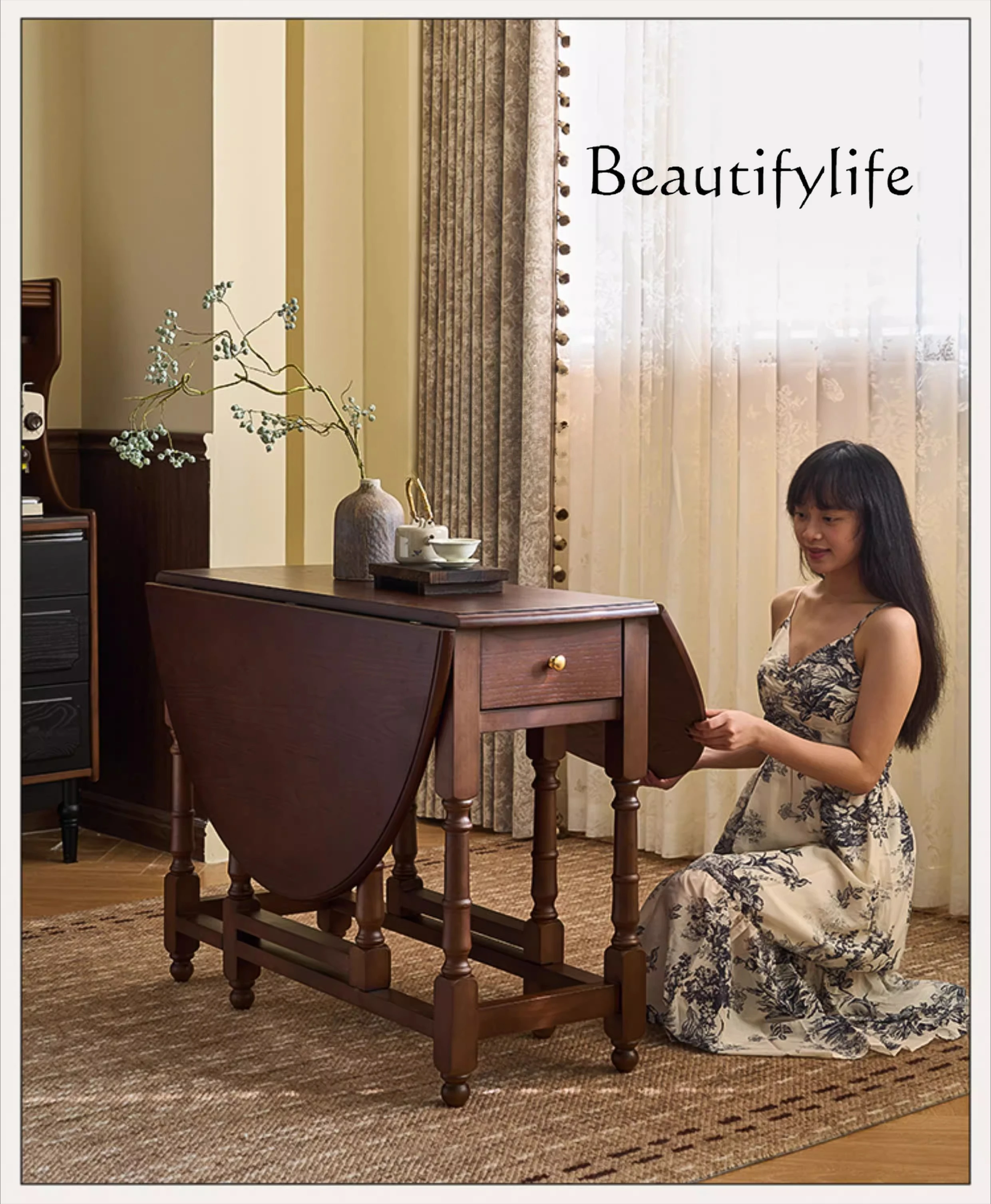 

Retro solid wood bilateral folding variable round table small apartment drawer household wall table designer model