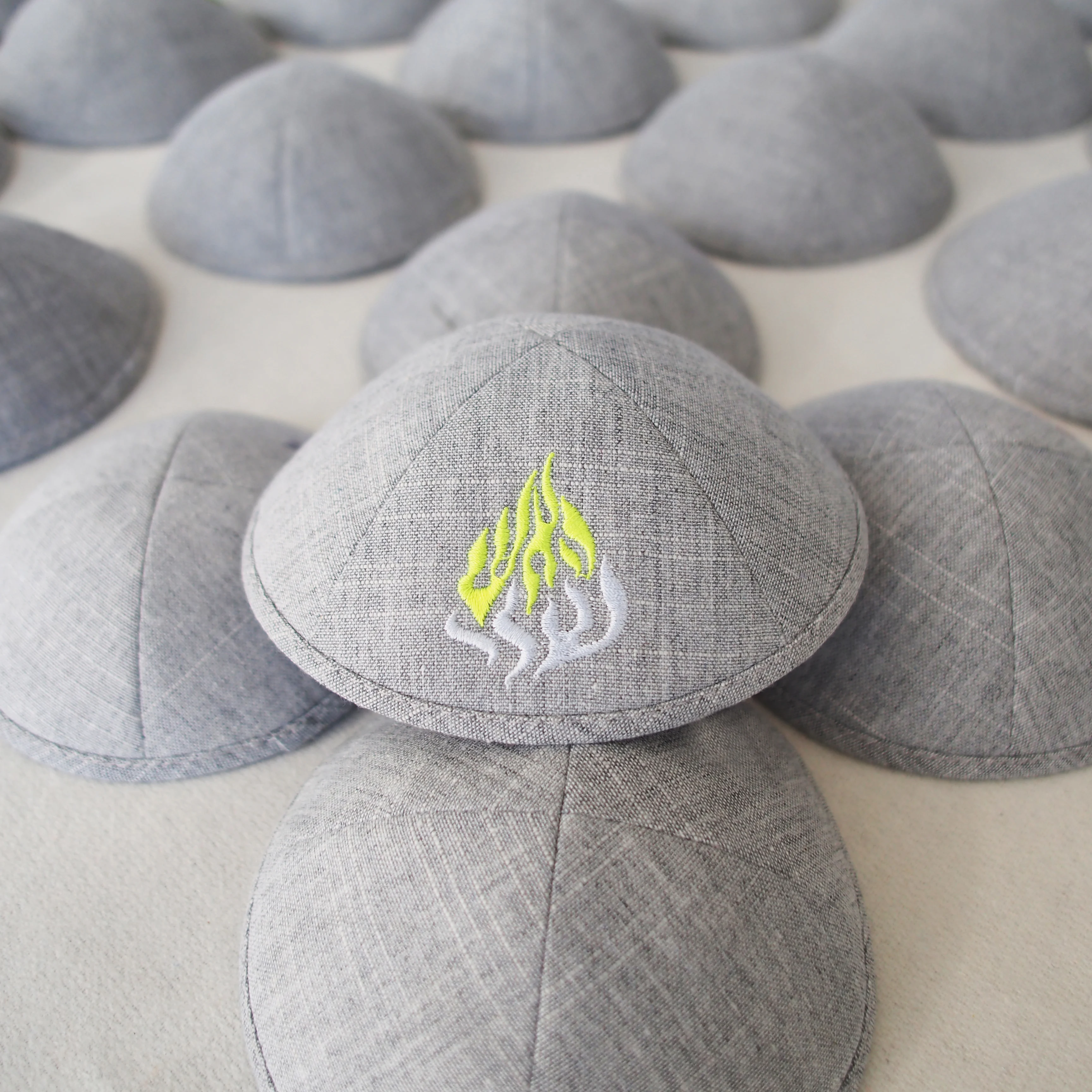 Custom color-block flame embroidered linen gray kippah, Bar Mitzvah Jewish gift kippah, customizable, wedding, Jewish Ahava