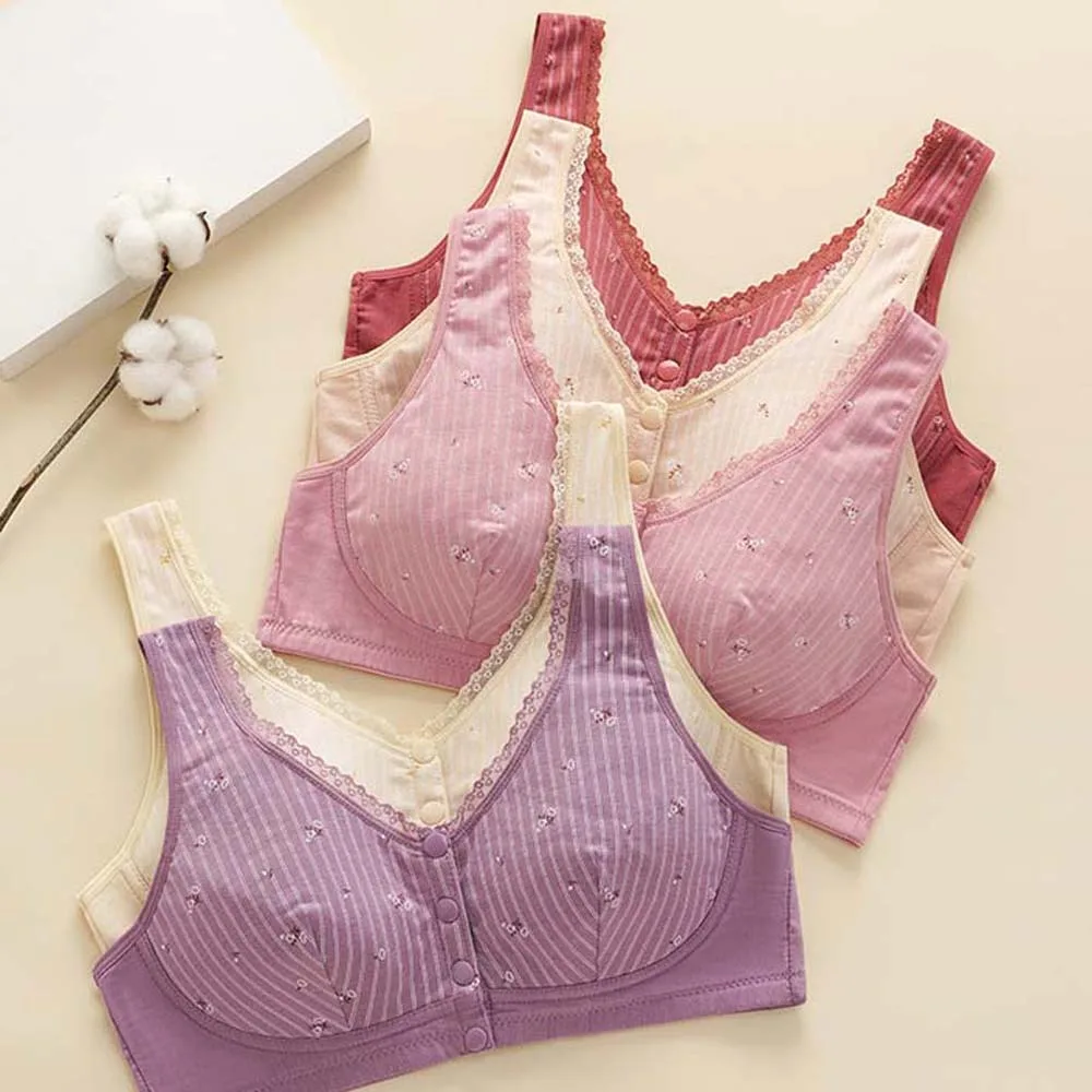 

Breathable Flower Bras for Older Women Gathered Breasts Widened Shoulder Straps Front Close Button Cotton Bras Plus Size