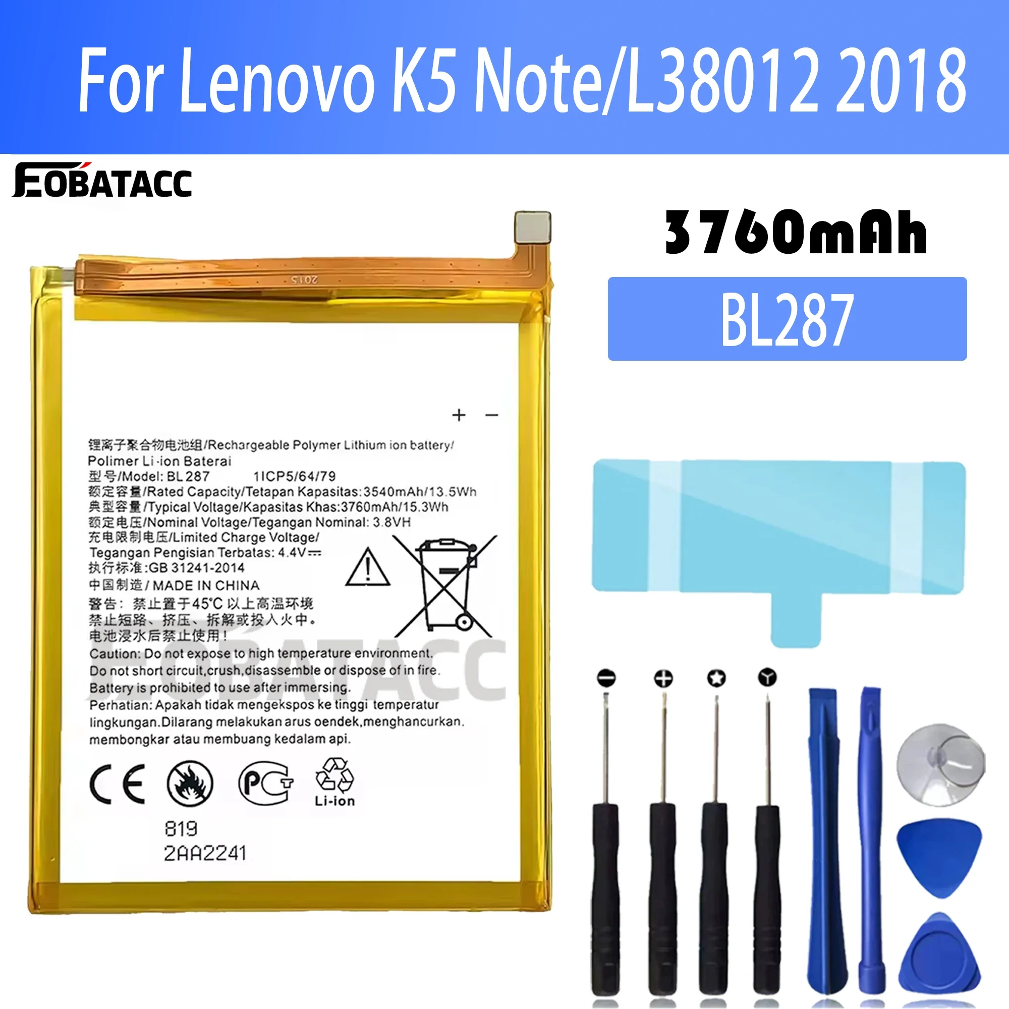 100% New Original Battery BL287 For lenovo K5 Note/L38012/2018 Battery + Free Tools