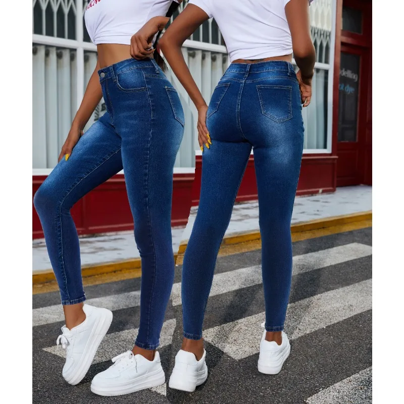 Womens Washed Blue High Waist Stretch Skinny Jeans Vintage Whiskering Butt Lifting American Style Slim Denim Long Pants