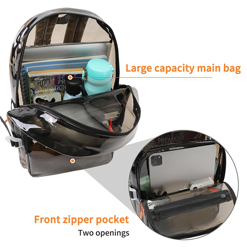 TINYAT Women PVC Casual Transparent Lightweight Backpacks Multi-Pocket Waterproof Laptop Clear Schoolbag Outdoor Sports