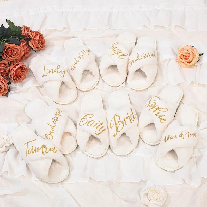 Personalized Bridesmaid Fluffy Slippers, Custom Bride Slippers, Bridal Slippers, Bridal Party Gifts Wedding Gift for Her view 2