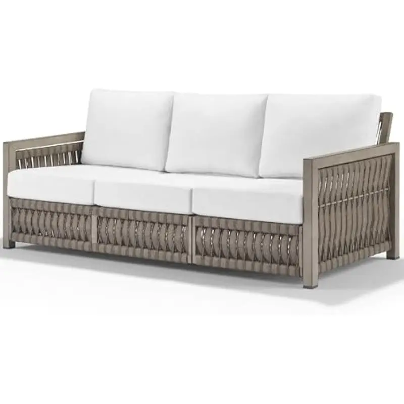 3-Seater Deep-Seat Outdoor Sofa with UV-Resistant Handwoven Rope Frame, Removable Water-Resistant Cushions, Anti-Slip Rubber Fee