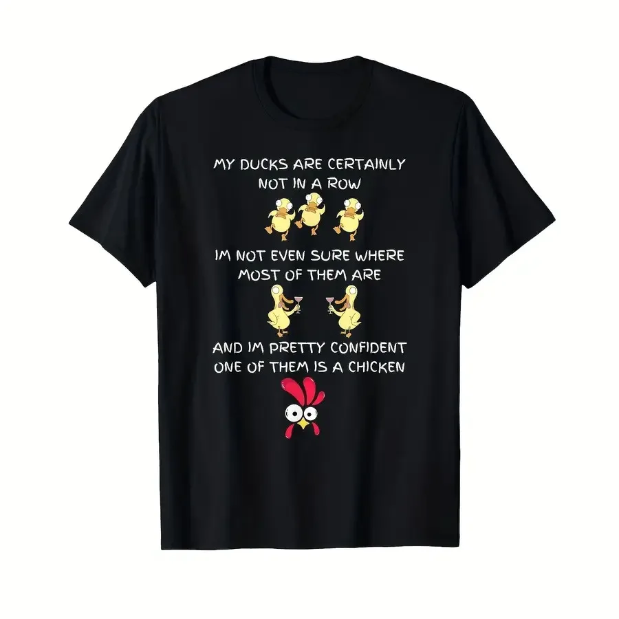 Camiseta divertida con estampado de pato para hombre, con texto 'Mis patos definitivamente no están en fila', negra, con cuello redondo y texto rojo, ligera, para uso diario