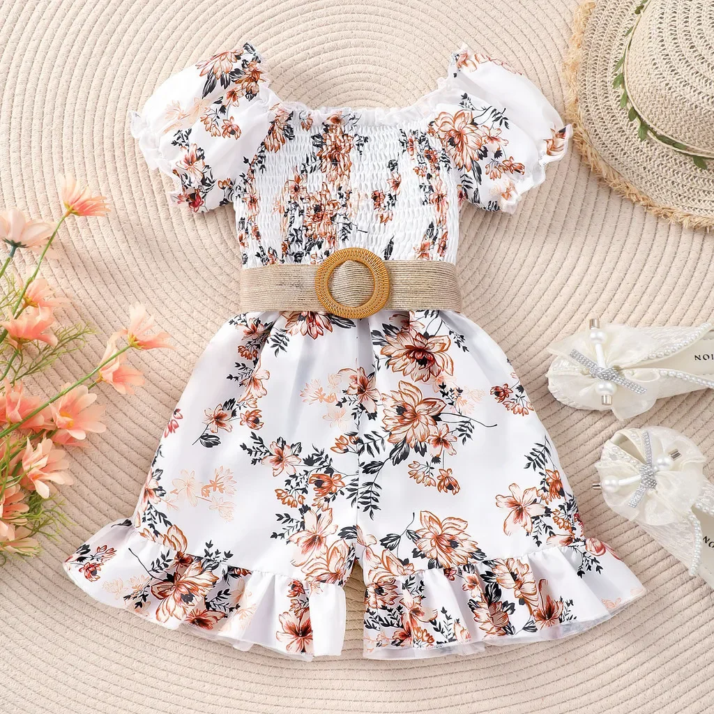 Floral Jumpsuit Kids Girls Clothing Set Short Sleeve 3 4 5 6 7 Years Old Summer Casual Fashion Birthday Baby Girls Party Romper