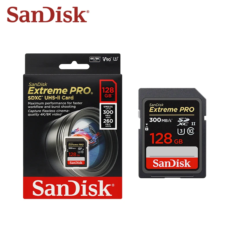 SanDisk Extreme PRO SDHC 32 Go SDXC 64 Go 128 Go Cartes UHS-II Jusqu'à 300 Mbumental Carte SD Carte mémoire flash d'origine pour appareil photo vidéo 4K