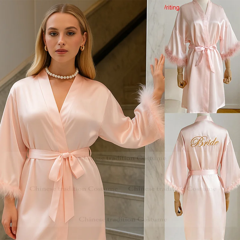 

Pink Bride Wedding Dress Robe Short Satin Kimono Gown Vestidos De Novia Sexy Sleepwear Intimate Lingerie Bridesmaid Bathrobe