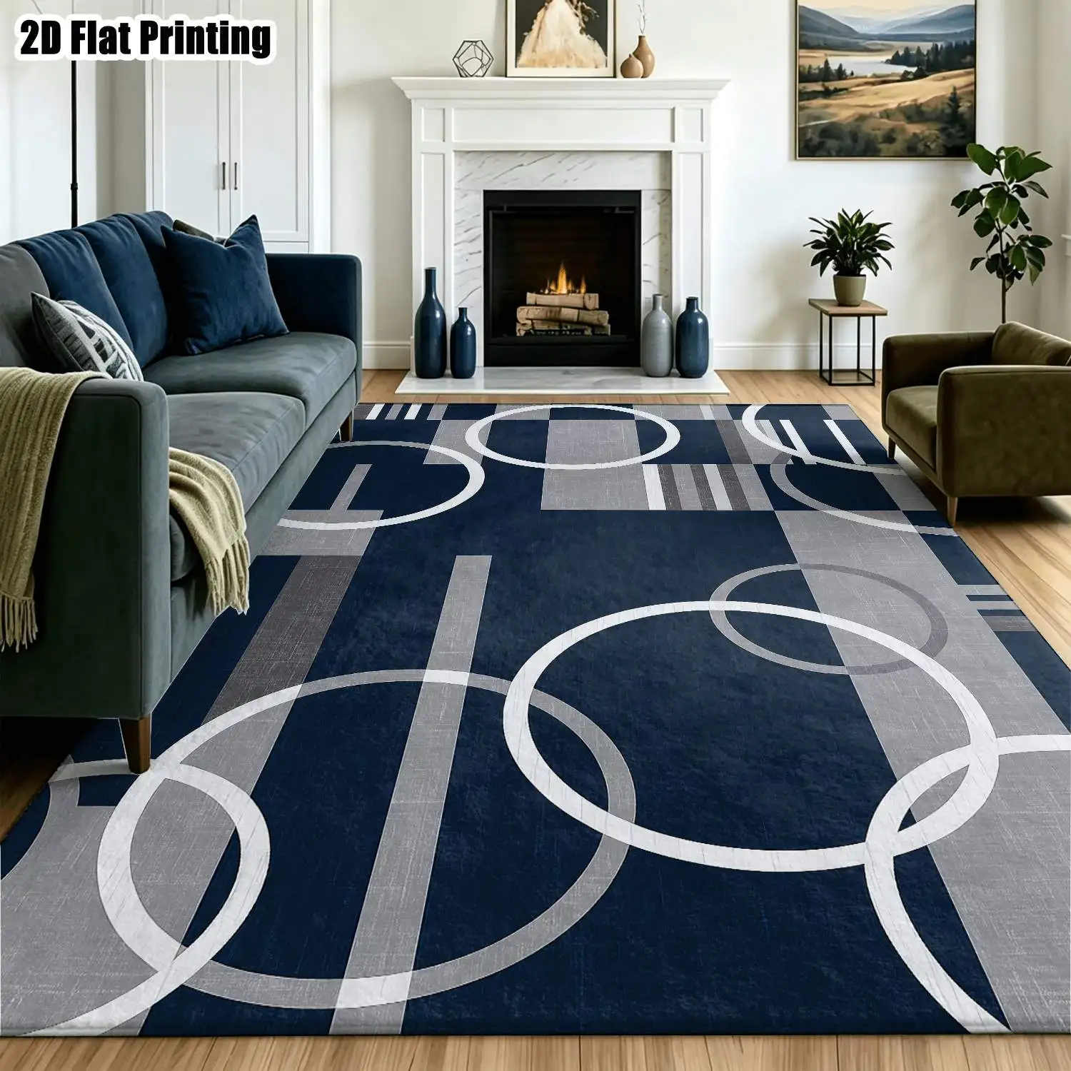 1Pc 2D Printed Blue-Grey Geometric Line Carpet, Modern Simple Nordic-Style Instagram-Inspired Floor Mat, Home Decoration, Multi-Size, Machine-Washable, for Entrance, Dining Room, Foyer, Living Room, Bedroom, Study Etc