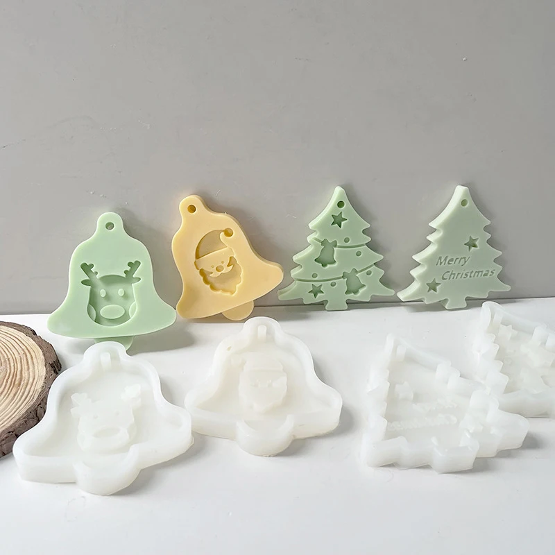 Christmas Bell Shaped Silicone Mold Cartoon Xmas Tree Hanging Plaster Mold New Year Decorations Pendant Mould DIY Gift Ornaments