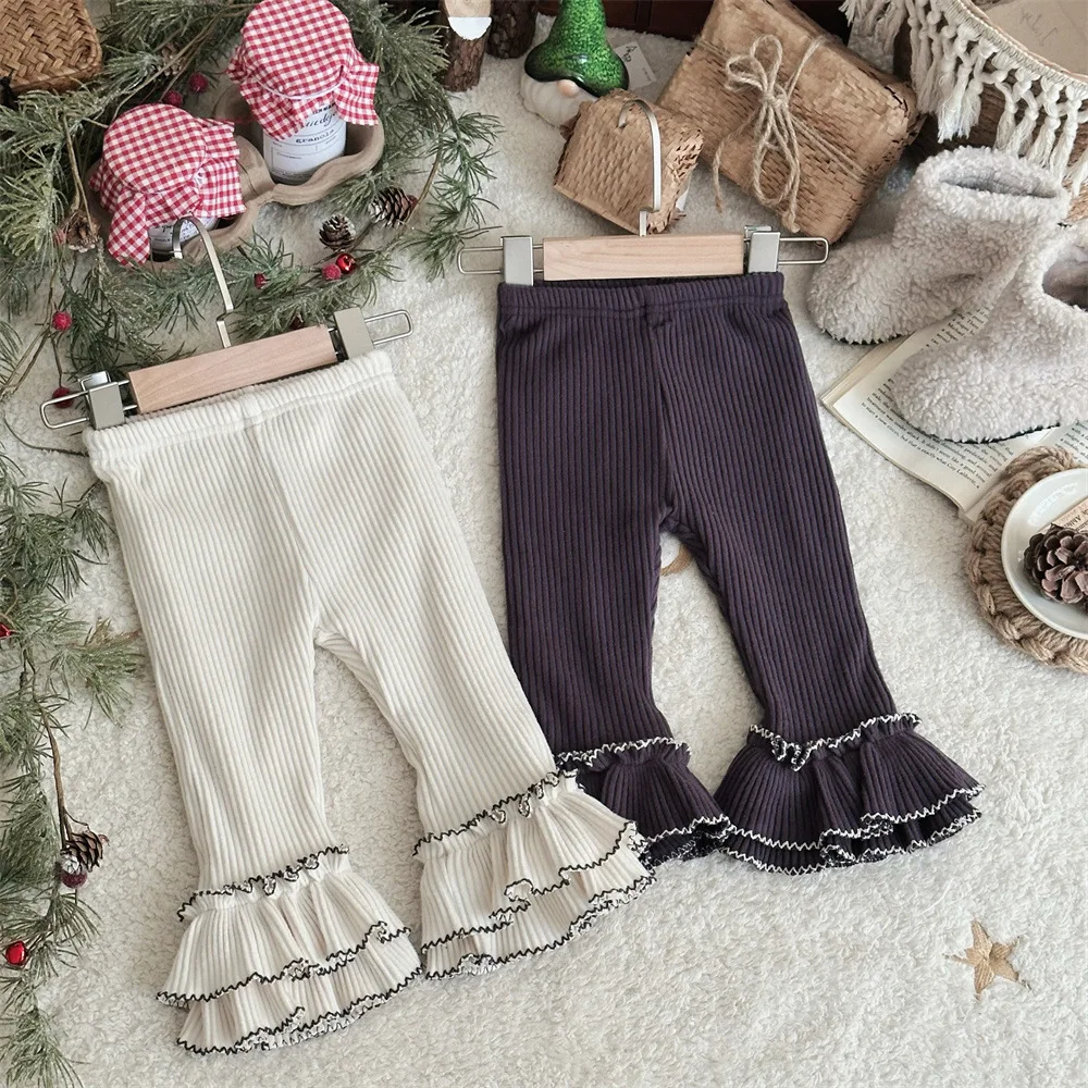 Winter Velvet Baby Pit Strip Slim Flared Leggings Baby Girl Tooth Double Flared Pants Fashion Simple  Kids Clothes Solid