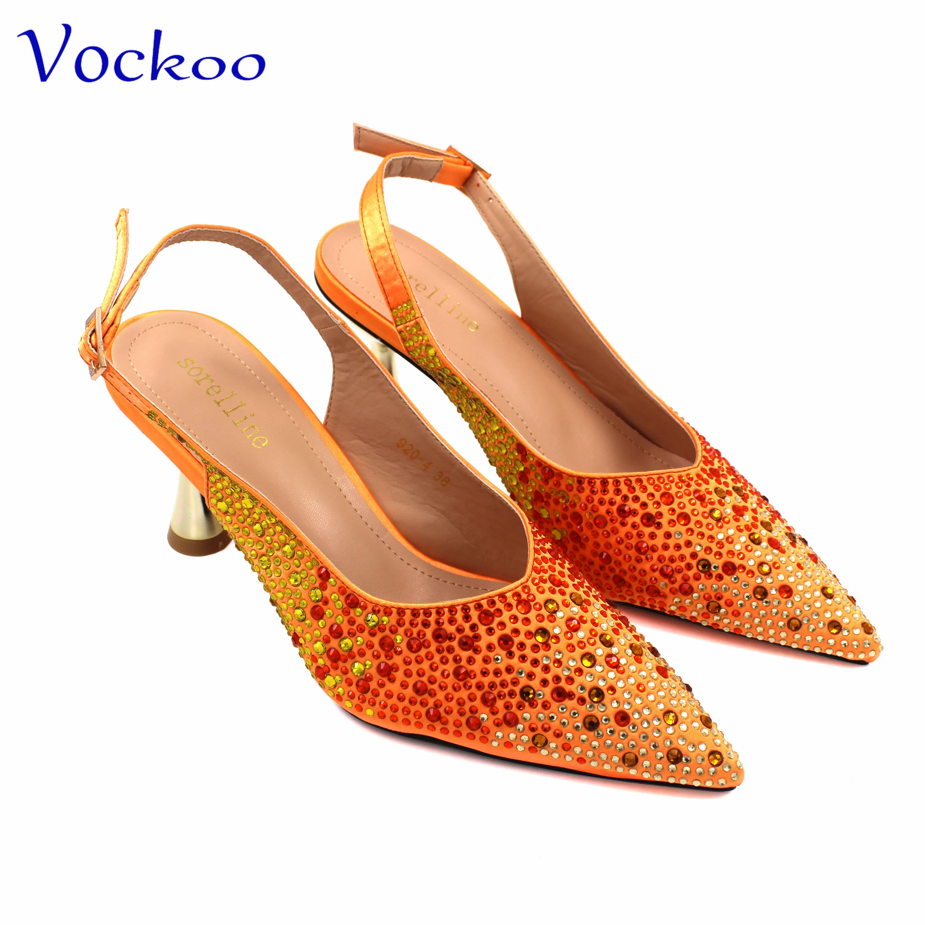 Pointed Toe High Heels Pumps for Wedding Party, Ladies\' Shoes, Matching Bag Set, Orange Color,  Italian Design, Fashion, Newest