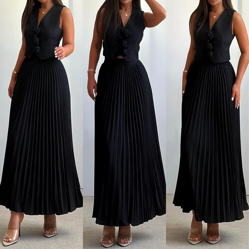 

Elegant Temperament Slim Party Suit Office Simple Solid Color Pleated Outfits Ladies Sexy V Neck Rose Top and Long Skirt 2pc Set