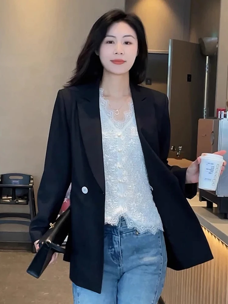 레이스 패치워크 스웨이드 탑 순색 여름 2025 여성 패션 레이어링 베스트 스몰 캐주얼 디자인 한국 스타일