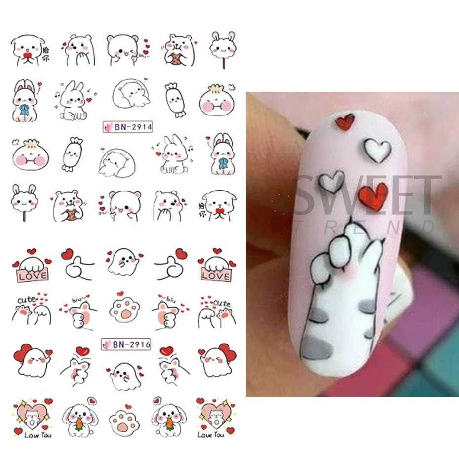 12pcs Cartoon Dinosaur Nail Stickers Cute Panda Dog Rabbit Animal Heart Pet Water Manicure Decals Slider Kawaii Nail Decoration