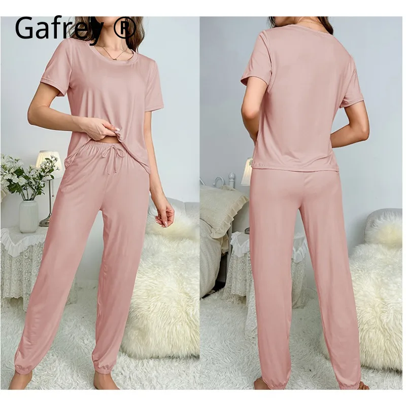 

Женский однотонный пижамный комплект из молочного шелка, топ с короткими рукавами и длинные брюки, классический повседневный мягкий домашний костюм для отдыха и сна для женщин