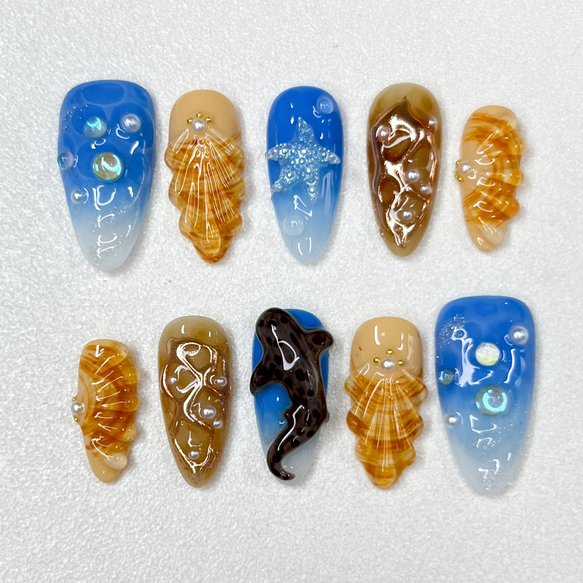 

New Ocean Series Manicure New 3D Relief Series Mandarin Duck Design Shark Hand Pinching Fake Nails Press on Nails