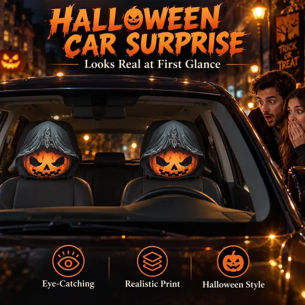 2Pcs Halloween Hooded Pumpkin Car Headrest Covers Realistic Print Spooky Fun Interior Car Decorations Halloween Party Supplies